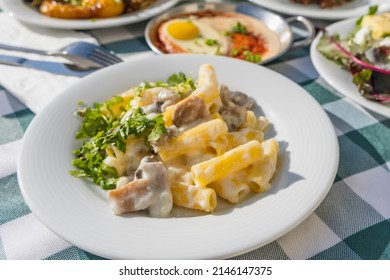 Creamy Mushroom Pasta. Food Background.