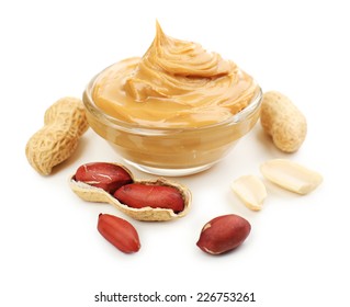 Creamy Peanut Butter In Bowl, Isolated On White