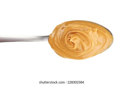 Creamy Peanut Butter In Spoon, Isolated On White