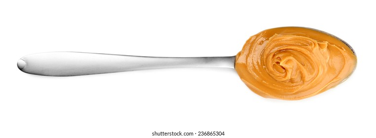 Creamy Peanut Butter In Spoon, Isolated On White