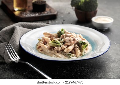 Creamy Penne Chicken Broccoli Pasta Served In A Dish Side View Of Fastfood