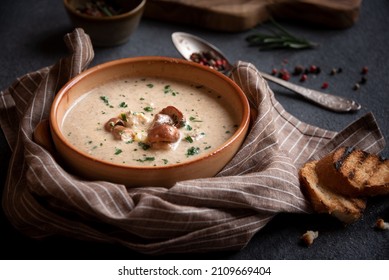 Creamy Porcini Mushroom Soup With Bread. Healthy Hot Meal