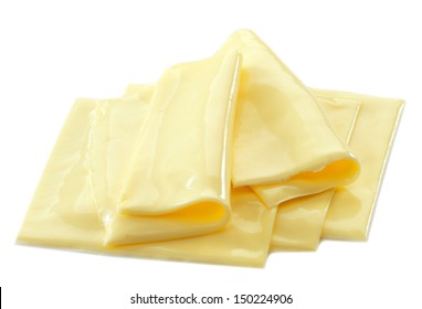 Creamy Processed Cheese Slices On White Background