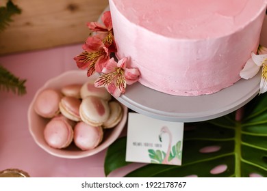 Creamy Raspberry Truffle Cake With Macaroni In Pink Decor 