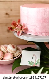 Creamy Raspberry Truffle Cake With Macaroni In Pink Tropical Decor 