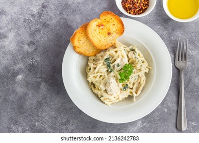 Creamy Spaghetti With Chicken, Pasta Carbonara Top Down Photo