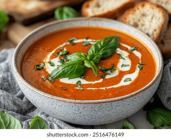 Creamy Tomato Soup with Basil and Swirls of Cream