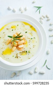 Creamy White Bean And Vegetable Soup With Rosemary In White Bowl  - Healthy Homemade Diet Vegetarian Vegan Soup Meal Food