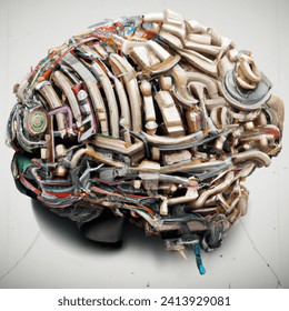 Create a bionic brain with inserts of rubber, metal, glass and gears seen from above. The brain must converge electrical cables of an electrical panel that come out neatly from the image. High resolution vertical format