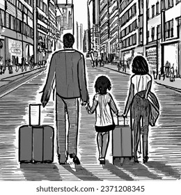 create a black and white storyboard-style scene, draw a family of three (mother, father, and daughter) walking down a busy city street with suitcases. include closeups of the family's hopeful faces. the environment must be urban and bustling. 