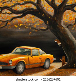 create an oil painting of a car with a big, old tree. the background should be fall and dark. on the car should be a cat and yellow leaves.