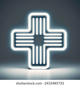 create a plus "+" white neon sign in a futuristic style with a stripe font in a frontal view on a neutral dark background