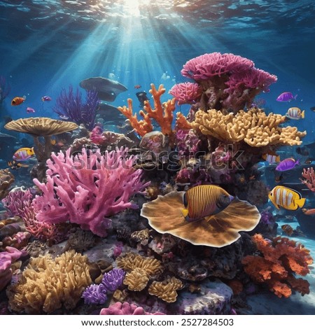 Create a vibrant underwater scene showcasing a diverse coral reef