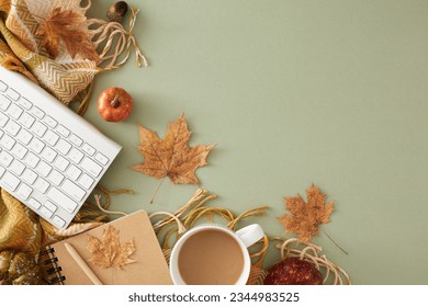 Creating a cozy home office for autumn. Top view shot of pen, copybook, keyboard, warm plaid, acorns, pumpkins, dry leaves on pastel olive background with blank space for advert or text - Shutterstock ID 2344983525