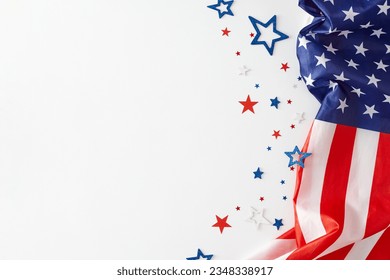 Creating the framework for a joyful Labor Day celebration. Top view photo of USA national flag, stars confetti on white background with empty space for promo or text