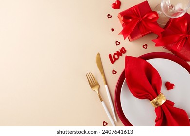 Creating unforgettable memories over a romantic meal on Valentine's Day. Top view photo of plates, cutlery, wineglasses, red hearts, napkin, present boxes on beige background with advert area - Powered by Shutterstock