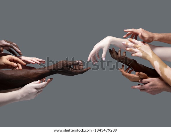 Creation of Adam. Hands of different people in\
touch isolated on grey studio background. Concept of relation,\
diversity, inclusion, community, togetherness. Weightless touching,\
creating one unit.