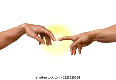 The creation of Adam, as a photographic imitation. Michelangelo's masterpiece.
The flash of light is to illustrate the moment of creation. - Shutterstock ID 2129228324
