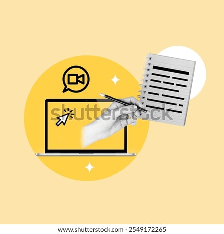 Creation, notes, business, notepad, hand sticking out, laptop, online conference, General mobile activity, Telecommunication apparatus, Communication, Control, Document, Executive, Entrepreneur