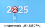 Creative 2025 design with a target and dart as the zero, paired with a ladder symbolizing goals, success, and achievement. Perfect for themes of ambition and future planning.