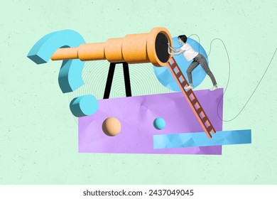 Creative 3d abstract collage image of young woman curiosity searching answers watching monocular isolated on blue color background