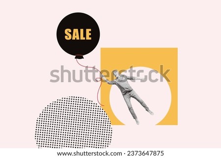 Creative 3d art collage placard sketch style miniature grandfather flying catch air balloon sale black friday isolated on pink background