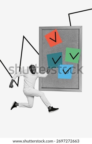 Creative 3d artwork banner collage of happy businessman run noticeboard sticker approval project confirmation symbol success
