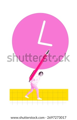 Creative 3d artwork banner collage of happy girl carry burden pen timetable expire limit deadline schedule manager punctuality