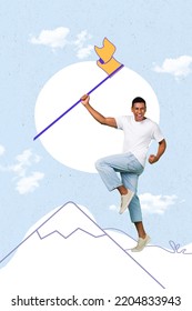 Creative 3d collage artwork postcard poster sketch of person move go climb mountain top hand hold flag isolated on drawing background