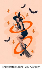 Creative 3d Collage Artwork Postcard Poster Template Of Attractive Crazy Young Witch Fly Halloween Carnival Isolated On Painting Background