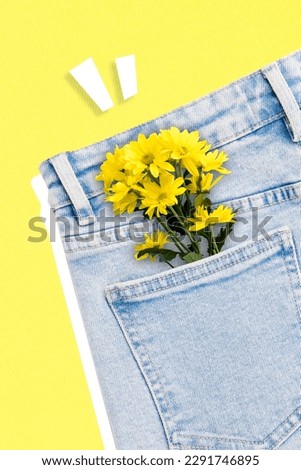 Creative 3d collage artwork postcard poster magazine sketch of yellow beautiful flowers jeans pocket isolated on painting background