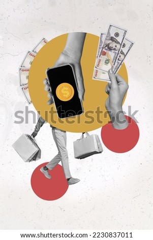Creative 3d collage artwork poster postcard of person leg walk go arm hold bag bargain cash isolated on drawing colorful background