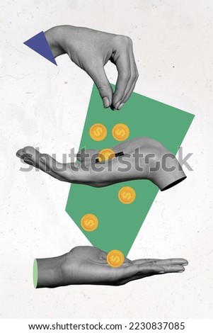 Creative 3d collage artwork poster postcard of three arm give next golden coin isolated on drawing colorful background