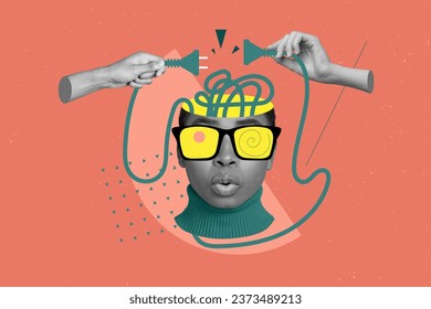 Creative 3d collage of funny human wear goggles visual effect hypnosis zombie brains absurd confused rosette isolated on orange background