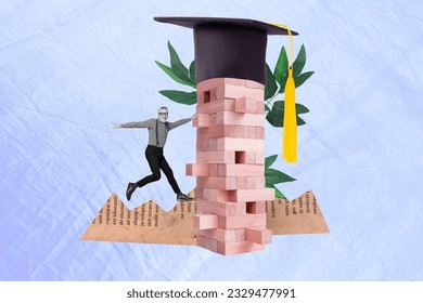 Creative 3d collage game object competitor master player old man jenga mortarboard professional isolated on blue color background - Powered by Shutterstock