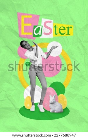 Creative 3d collage photo picture poster image of funky cheerful person showing word celebrate easter isolated on painted background