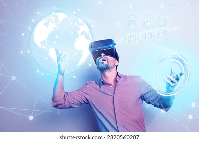 Creative 3d collage picture aged business man use vr glasses future hi tech download computer data analyzing world global stats - Powered by Shutterstock