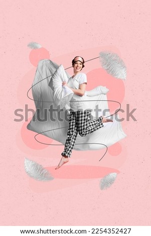 Creative 3d collage picture photo poster sketch of positive lady rejoice going sleep after work day isolated on painting background