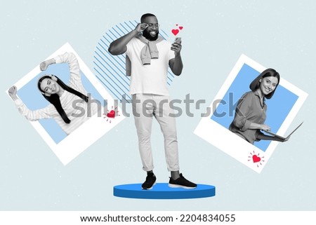 Creative 3d collage poster postcard image of guy use telephone scroll instagram facebook look girls post comment photo isolated on painting background