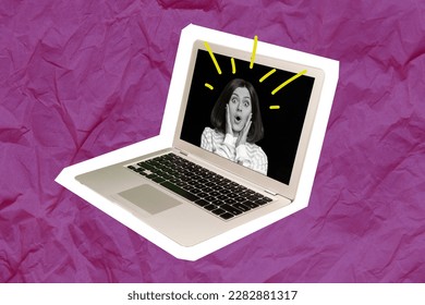 Creative 3d collage wallpaper funny excited girl image shocked laptop display shopping ecommerce advertisement purchase isolated on pink background - Shutterstock ID 2282881317