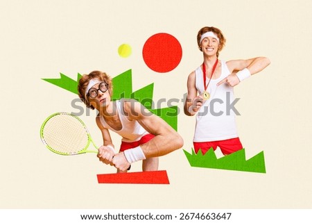 Creative 3d full art image collage of serious man sportsman hold rocket push ball win first place reward medal sportive competition