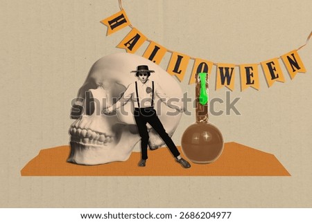 Creative 3d full art image collage of happy man muertos latino stand skull head skeleton occult ritual potion halloween garland