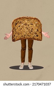 Creative 3d photo artwork graphics collage of funny dark bread having arms feet isolated beige color background