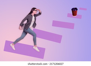 Creative 3d photo artwork graphics collage of purposeful girl holding laptop computer waiting coffee break isolated violet purple background