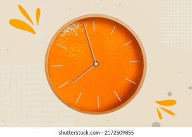 Creative 3d photo artwork graphics painting of orange fruit clock showing eight o clock isolated beige background - Powered by Shutterstock