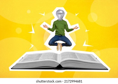 Creative 3d Photo Artwork Graphics Painting Of Guy Lamp Instead Of Head Flying Above Book Isolated Drawing Yellow Background