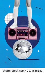 Creative 3d Photo Artwork Graphics Painting Of Legs Standing Disco Ball Boom Box Isolated Drawing Blue Background