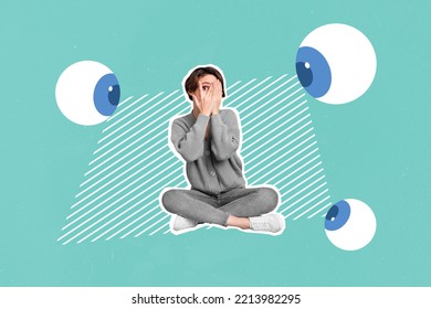 Creative 3d Photo Artwork Graphics Painting Of Eyes Watching Scared Lady Closed Face Isolated Drawing Background