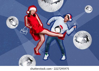 Creative 3d photo artwork graphics painting of funky funny lady guy having fun x-mas disco balls isolated drawing background - Powered by Shutterstock