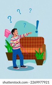 Creative 3d photo artwork graphics collage painting funky excited little boy having fun home alone isolated drawing background